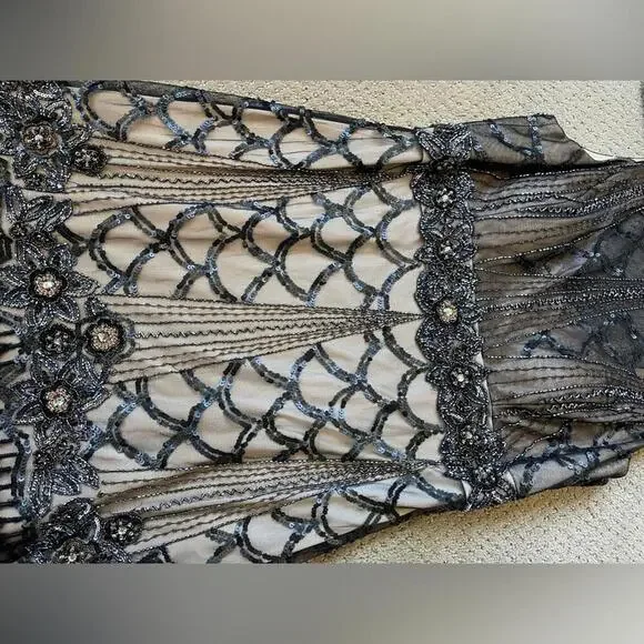 SUE WONG Black & nude beaded, sequin ostrich feather dress - Picture 5 of 9